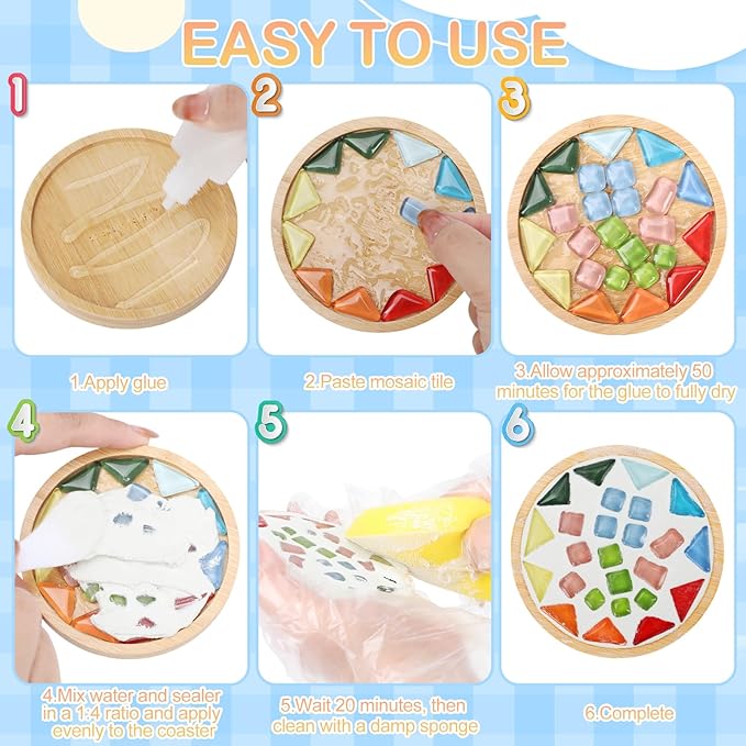 SAYAYA 4 Sets DIY Glass Mosaic Tiles for Crafts Mosaic Crafts Kit with Bamboo Coaster for Adults Glass Coasters Crafts Set for Handmade Home Christmas Halloween Birthday Decoration Gift (Round Set)