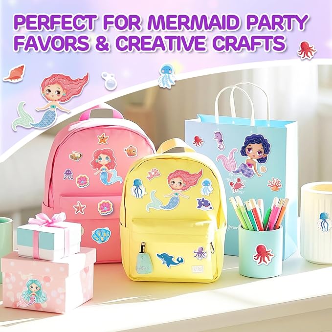 aowplc 32 sheets mermaid make‑a‑face stickers for kids, mermaid party favors for girls, birthday crafts, goodie bag stuffers