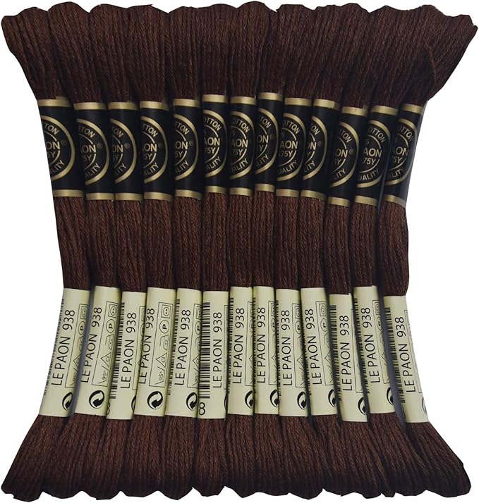 LE PAON Embroidery Floss, 14-Pack Six Strands 100% Long Staple Cotton Embroidery Thread, 8.7-Yard，Color Number：938, Dark Coffee Brown