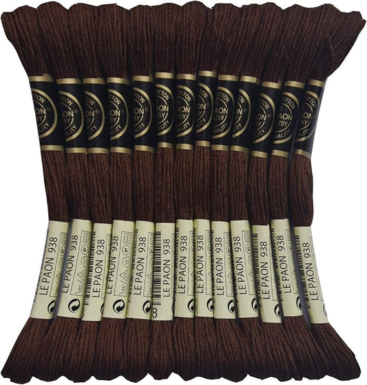 LE PAON Embroidery Floss, 14-Pack Six Strands 100% Long Staple Cotton Embroidery Thread, 8.7-Yard，Color Number：938, Dark Coffee Brown