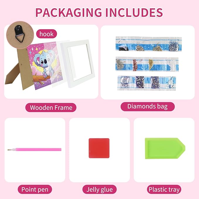 PERFECTSIGHT Cute 5D Diamond Art Kits with Wooden Frame, Kawaii DIY Painting Art for Adults, Diamond Arts and Crafts Sets, Big Gem Full Drill Diamond Dots for Women (Pink Koala)