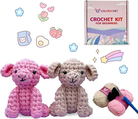 Lamb Crochet Kit for Beginners, Learn to Crochet Animal Starter Set with Tutorial & Crocheting Manual, Easy Yarn Knitting Kit for Adult & Kid 12+, Stuffed Sheeps Craft Doll for Xmas Gift