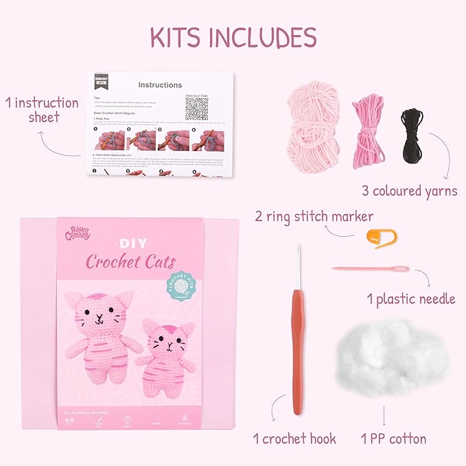 HOUSE CREATIVITY Cat Crochet Kit for Beginners – Make a Variety of Adorable Kittens, Amigurumi Crochet Starter Kit with Yarn, Eyes & Step-by-Step Video Tutorial, DIY Craft for Cat Lovers