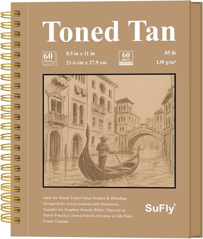 sufly toned tan sketch pad, 8 1/2 x 11 sketchbook, 60 sheets - 90lb/150gsm toned tan sketch paper for mixed media, charcoal, graphite, colored pencils & white gel pens, 100% recycled, wire-o bound.