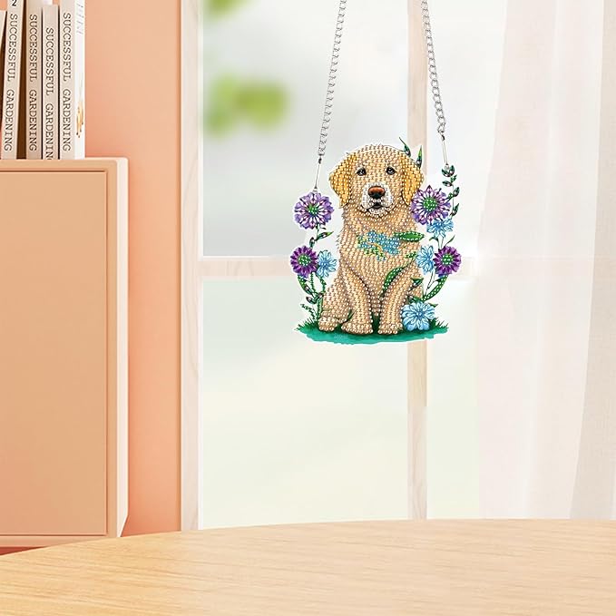 AiYuanzsh Golden Retriever Dog Diamond Art Painting Hanging Pendant Kit Animal Special Shaped Diamond Dots Art Acrylic Ornaments Diamond Art Pendant for Adult Home Wall Window Decor Gift