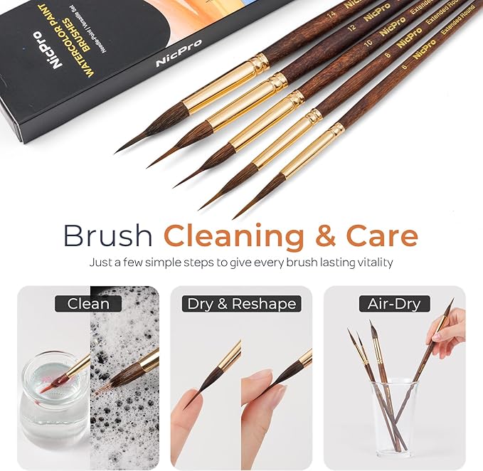 Nicpro 5 PCS Watercolor Brushes Professional, Extended Needle Point Brushes Set, Sable Paint Brushes with Synthetic Extra Long Tip for Fine Detailing - Watercolor Acrylic Gouache Inks Painting