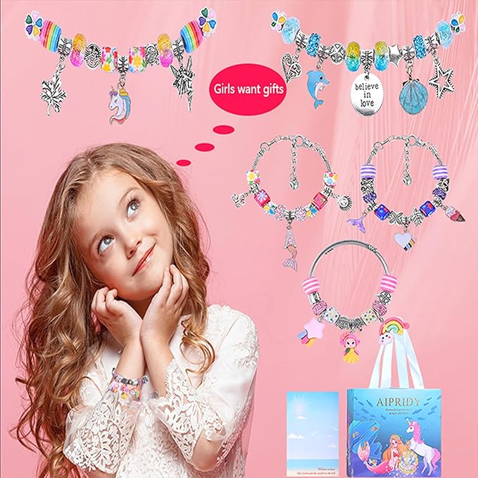 aipridy charm bracelet making kit,unicorn mermaid crafts gifts set can inspires imagination and creativity,jewelry making kit perfect gifts for girls 5-12 years old (84 pieces)