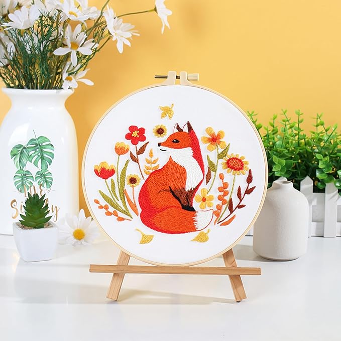 Louise Maelys Fall Fox Embroidery Kits for Beginners with Autumn Animal Pattern,Adults Starter Cross Stitch Kit DIY Needlepoint