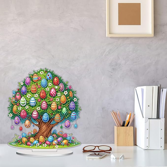 VODAPYC Easter Diamond Art Tabletop, DIY Stand Up Double Sided Special Shaped Partial Diamond Art Desktop Ornaments for Home Decor(Easter Egg Tree of Life)