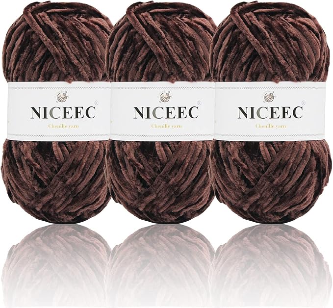 NICEEC 3 Skeins Soft Chenille Yarn Blanket Yarn for Knitting Fancy Yarn for Crochet Weaving DIY Craft Total Length 3×85m (3×93yds, 3×50g)_Coffee