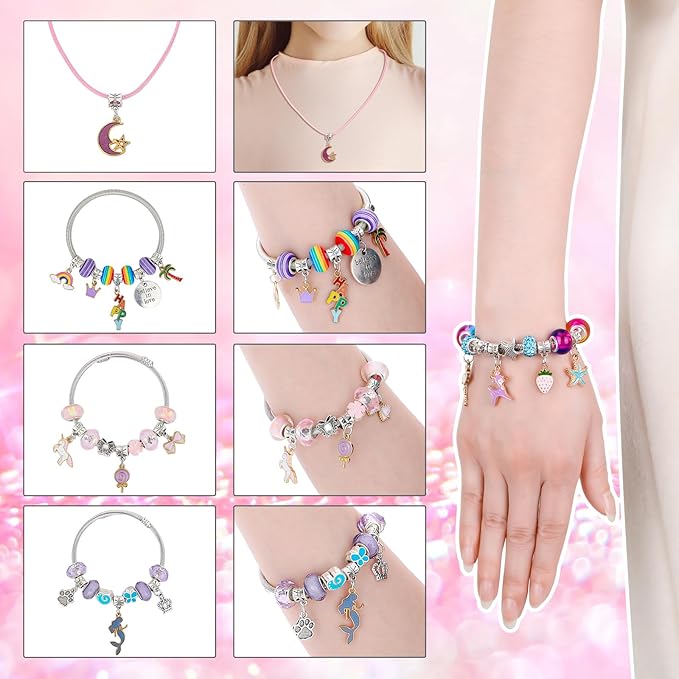Soleebee Charm Bracelet Making Kit, Unicorn Mermaid Jewelry Making Supplies Beads DIY Art Craft Set Jewelry Making Kit for Girls Teens Age 6-12
