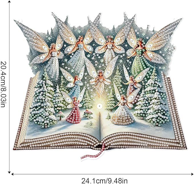 5D Christmas Diamond Painting Pendant Kit, Magic Book with Flying Elf and Snowy Forest, DIY Crystal Diamond Art Hanging Sign for Window, Door & Wall, Fantasy Home Decoration Gift, 24.1 x 20.4 cm