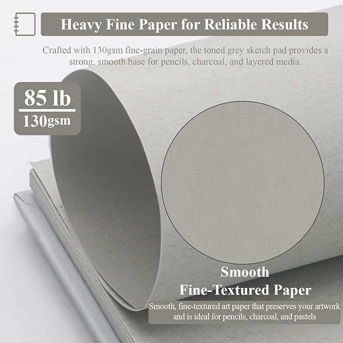 sufly toned gray sketch book 8"x10" - 60 sheets spiral bound sketch pad, 85lb/130gsm art paper for graphite, charcoal, colored pencils and gel pens.