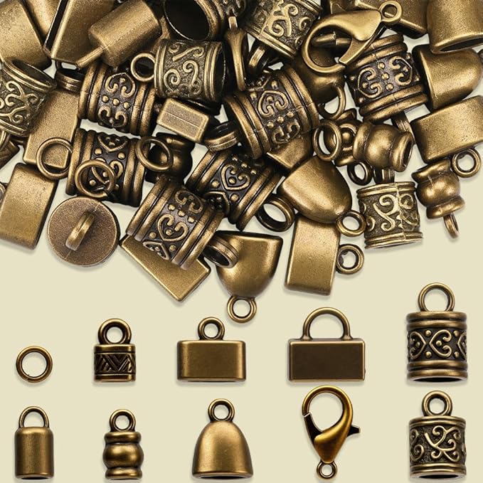 SUNNYCLUE 1 Box 230pcs Cord End Caps Kit Kumihimo Ends Alloy Metal Tibetan Style Antique Bronze Tassel Glue in Crimp Leather End Caps for Jewelry Making Kit Bracelet Kumihimo Supplies Gifts Craftings