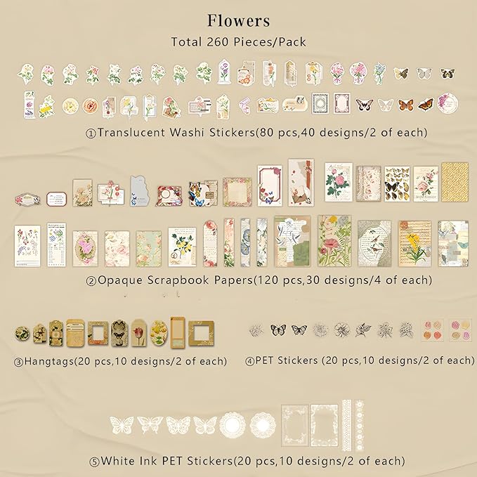 Teniinet 260 PCS Vintage Scrapbooking Supplies Aesthetic Journaling Kit,Large Collection for Bullet Junk Journals,Arts Craft Collage,Ephemera Adults,Beginners,Girls Teenage School Style(Flowers)