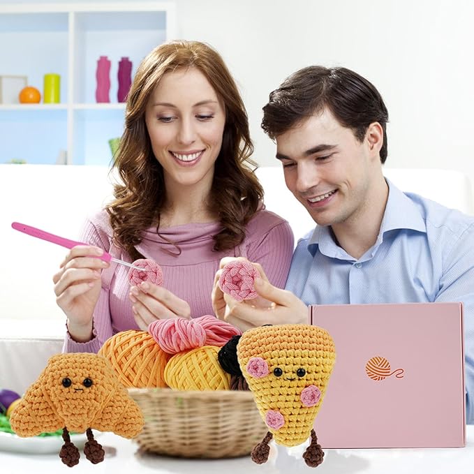 LetCartMaker Beginner Amigurumi Crochet Kit with Video Tutorials - Pizza, Croissant or Dessert Theme | Complete Starter Set for Kids & Adults (Yarn, Hook, Eyes Included) (Pizza & Croissant Set)