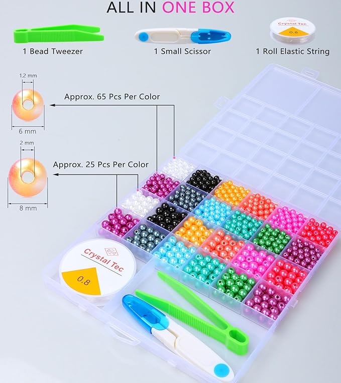 HINSOCHA Beads Bracelet Making Kit - 1020Pcs 6mm and 8mm Pearl-Like Beads for Jewelry Making, Gifts for Kids & Adults - Vibrant