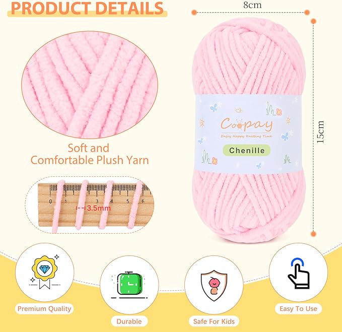 Coopay Chenille Yarn for Crocheting, 8 Pack Medium Weight Yarn - CYC #4 - Total 520yd, Soft Crochet Yarns for Plush Toys, Blankets, Scarves (Pink)