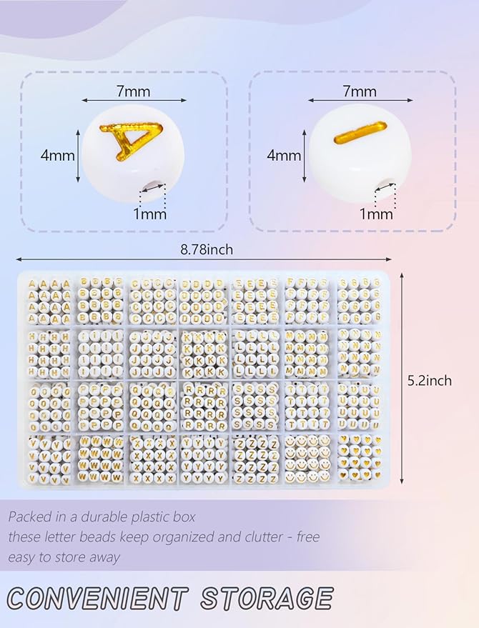 1400pcs Letter Beads Gold Alphabet A-Z and Smiley Heart Beads White Acrylic for Jewelry Making Bracelet