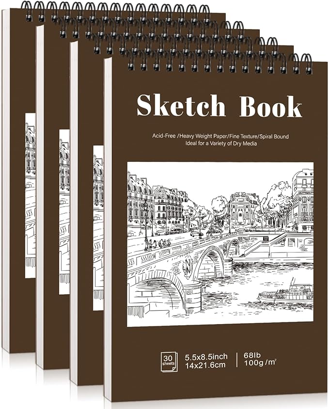 4 pack small sketch books, 5.5 x 8.5 inch mini sketchbook, 68lb/100gsm spiral bound small sketch pad, acid free art supplies drawing painting sketchbook for kids, beginners, artists (yellow-brown)