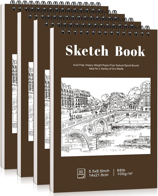 4 pack small sketch books, 5.5 x 8.5 inch mini sketchbook, 68lb/100gsm spiral bound small sketch pad, acid free art supplies drawing painting sketchbook for kids, beginners, artists (yellow-brown)