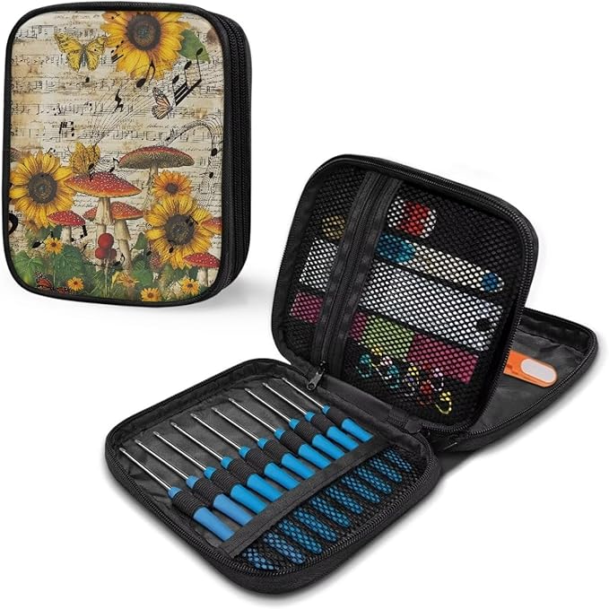 Hechitok Sunflower Mushroom Crochet Hook Case, Organizer Zipper Bag with Web Pockets for Various Crochet Needles and Knitting Accessories, Well Made and Easy to Carry