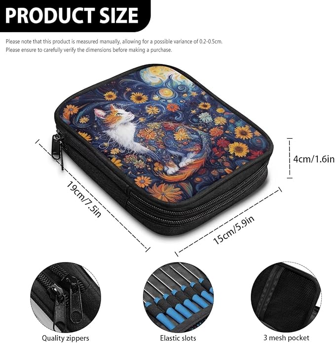 Hechitok Cat Flower Crochet Hook Case with Zipper and Web Pockets for Crochet Needles/Knitting Accessories Lightweight Organizer Bag for Crochet Hook Kit Tools
