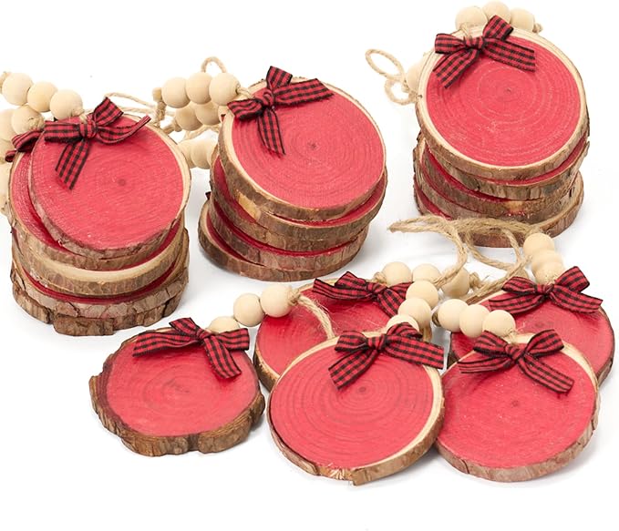 Sawysine 36 Pcs Wooden Christmas Ornament 2.8 to 3.2 Inch Craft Wooden Kit Natural Wood Slices with Round Natural Wood Beads and Buffalo Plaid Bow for Arts and Crafts Christmas Ornaments (Red)