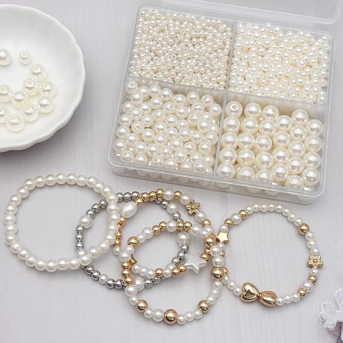 Round Spacer Beads 3/4/6/8mm 4 Size Smooth Ball Beads for Jewelry Making Metal Circle Bead for Bracelet Necklace Earring Making Supply (Pearl)