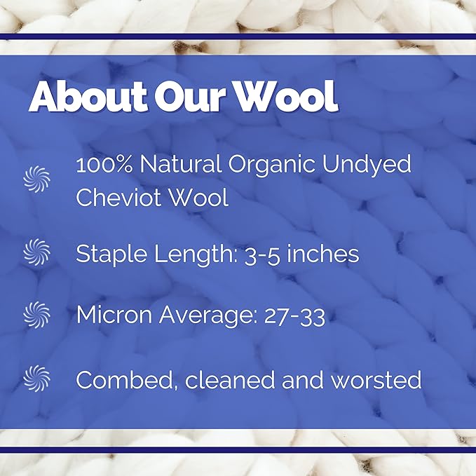 Revolution Fibers Cheviot Wool Roving Top 1 lb (16 Ounces) for Spinning | Soft Chunky Jumbo Yarn for Arm Knitting Blanket |100% Natural Undyed (Off-White) Wool Yarn Bulk, Felting Core, Carded Stuffing