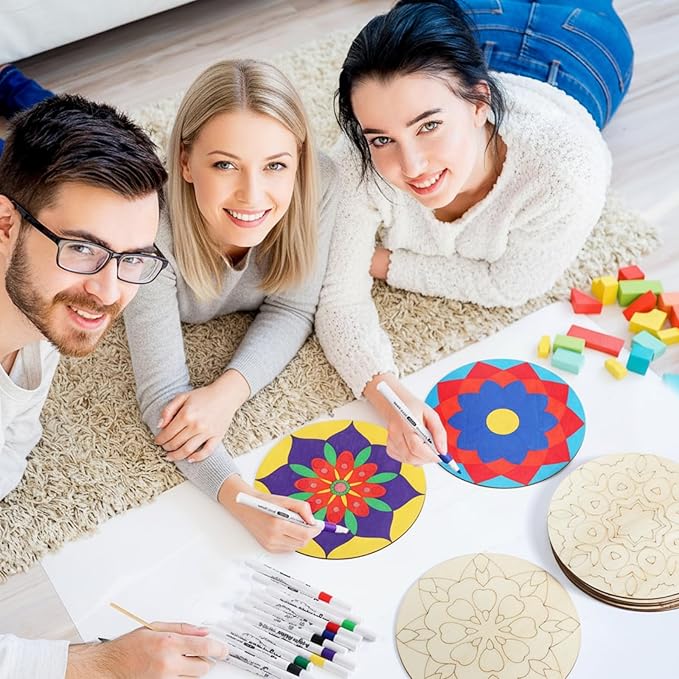 22 Pcs Wooden Mandala Painting Set 10 Mandala Unfinished Wood Cutouts with 12 Markers for Crafts Diwali Craft Wood Slices for Adults Painting DIY Tags Wedding Home Decors(Classic Style)