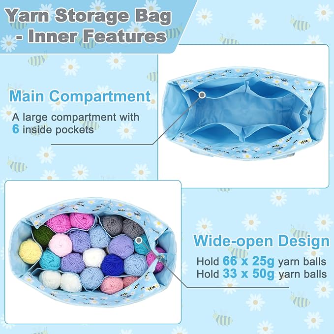 Yarn Storage Organizer Travel Crochet Bag, Large Capacity Tote Bag Knitting Bag for Carrying Projects, Knitting Needles, Crochet Hooks and Yarn, Blue Floral and Bees