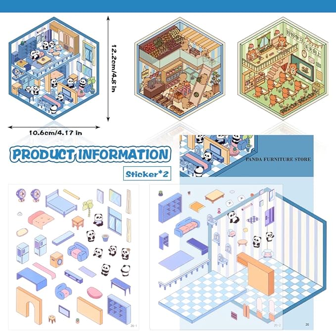 Scrapbooking Supplies Kit,DIY 3D Stickers Scene,3 Set Funny DIY Sticker Scenes,Make Your Own Cute 3D Miniature Room Scene Stickers for Adults Relief Stress Pass The Time.14-15-16