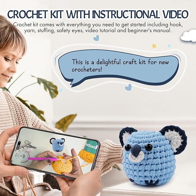 Vanttokeey Crochet Kit for Beginners, Animal Amigurumi Crochet Kits Included, Step-by-Step Video Tutorials, Beginner Crochet Kit for Adults and Kids, DIY Easy Crochet Crafts (Monkey Koala)
