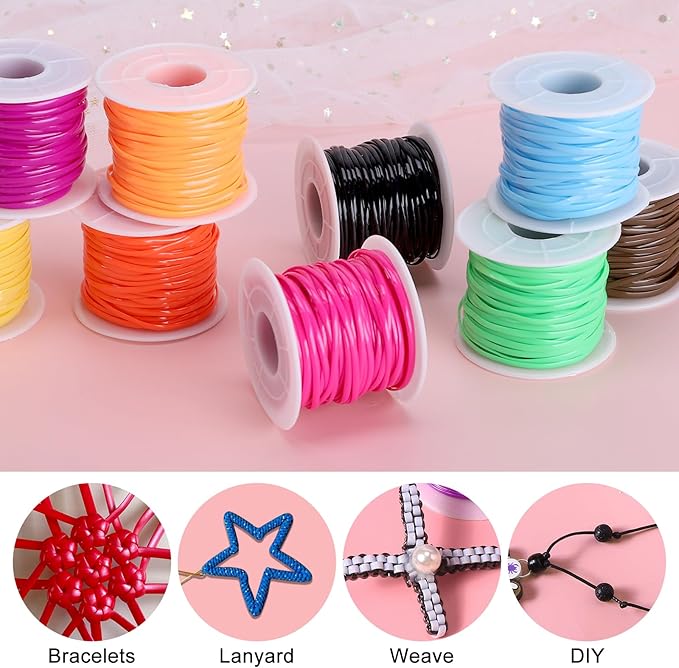Candygirl PVC Lanyard String Kit, 16 Packs Colored Plastic Lacing Cord Flat Weaving Ropes Elastic Boondoggle String DIY Crafting Kit for Bracelet, Keychain, Crafts
