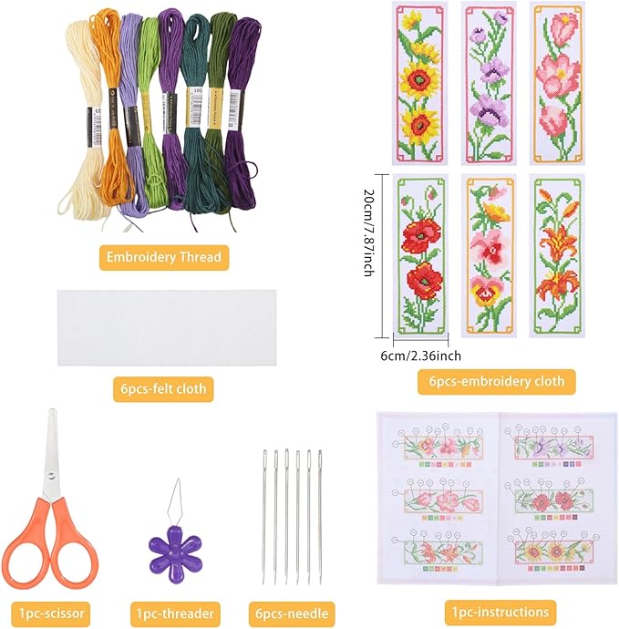 ORIGACH 6 Set Flowers Cross Stitch Bookmark Kit for Beginner with Backing Felt Floss Instructions DIY Stamped Embroidery Bookmark Kit for Adults, Book Lovers