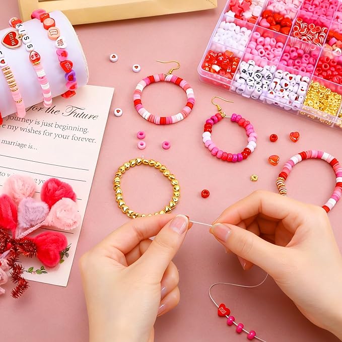 UPINS 2100Pcs Valentine’s Day Bracelets Beads Kit, Valentines Pink Red Beads for Jewelry Making, Assorted Polymer Clay Beads Heart Pony Candy Beads Letter Spacer Bead and Sweet Charms for Bracelet