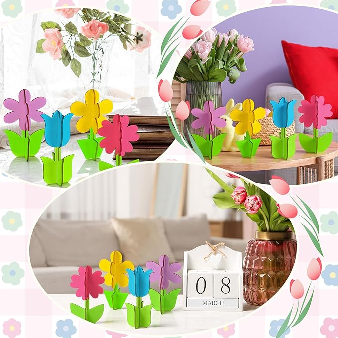 Blosssound 48 Pcs Spring Crafts Set 36 Pcs 3D Wooden Flower Cutouts Wood Unfinished Tulip Slices to Paint with 12 Colored Markers for DIY Mother's Spring Crafts Handmade Table Tiered Tray Decor