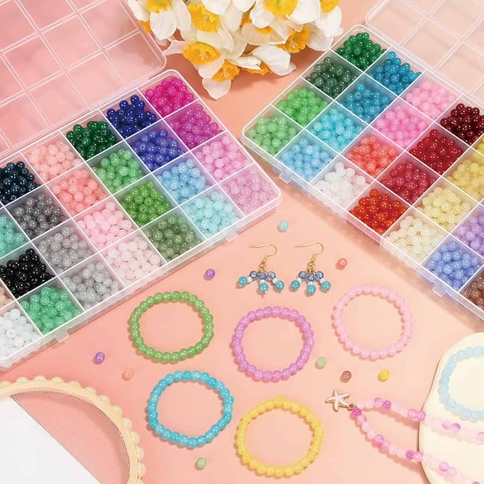 PAXCOO 3200pcs 6mm Glass Beads for Jewelry Making, 56 Colors Glass Beads for Bracelet Making, Beaded Bracelets Kit for Bracelet Earring Necklace Jewelry Making Supplies