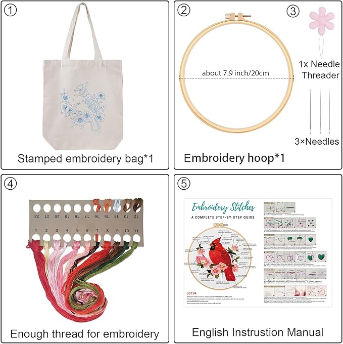 louise maelys canvas tote bag embroidery kit for beginners,cross stitch kits for adults,diy needlepoint include cardinal pattern,women shopping reusable grocery bags