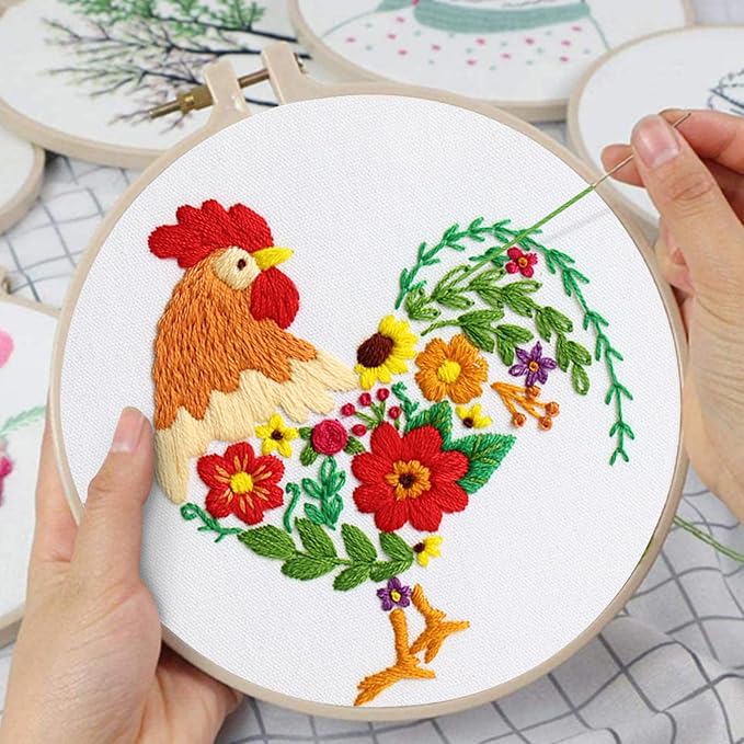 louise maelys funny animal embroidery kits for beginners,cross stitch kit for adults,diy needlepoint with rooster and flower pattern
