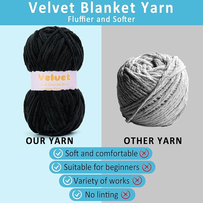 Velvet Yarn Chenille Yarn for Crocheting and Knitting Soft Chenille Bulky Baby Blanket Yarn DIY Weaving Craft 2pack Dark Black(4oz 66yds Each)