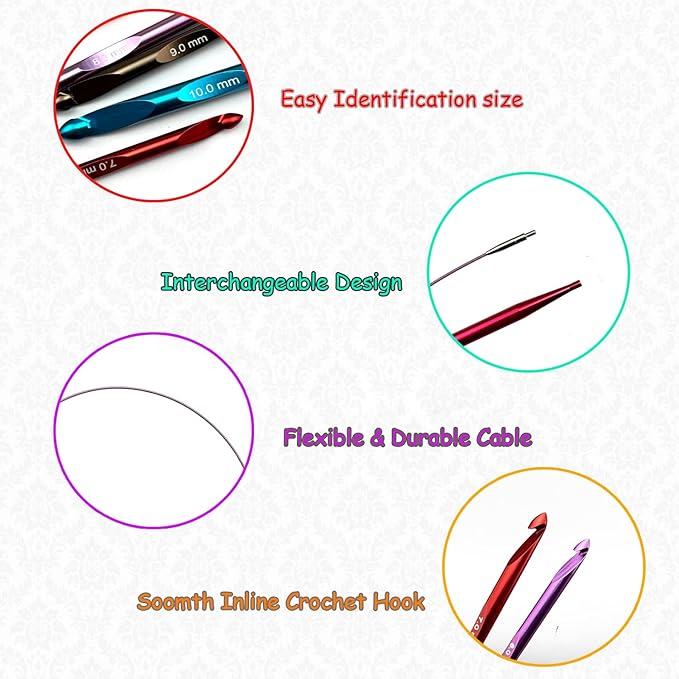12 Size Tunisian Crochet Hook Set with Cable Aluminum Interchangeable Crochet Hooks Long Crochet Hook Inline Crochet Hooks 3mm-10mm,Comfortable to use/Lightweight