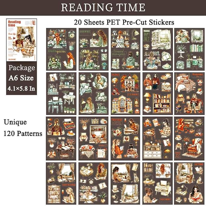 20 Sheets Reading Time Ephemera Sticker Book for Journaling Supplies, Aesthetic Fashion Girl Sticker for Scrapbook Kit Junk Journal, Pre-Cut PET Stickers for Bujo Planner Arts Craft