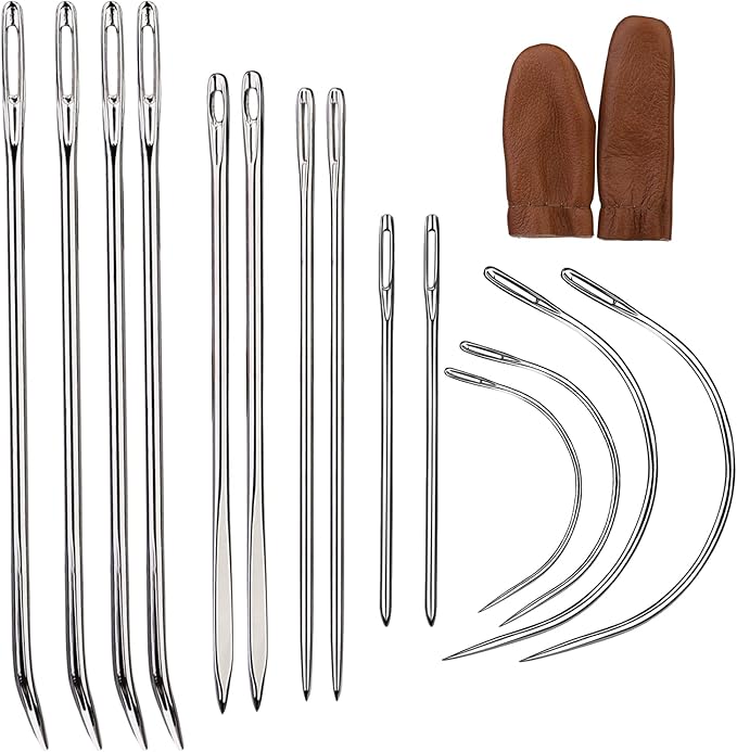 16 Pcs Heavy Duty Sewing Kit - Curved, Sack, Hand Needles, Finger Cots for Leather, Upholstery, Carpet & Canvas Repair