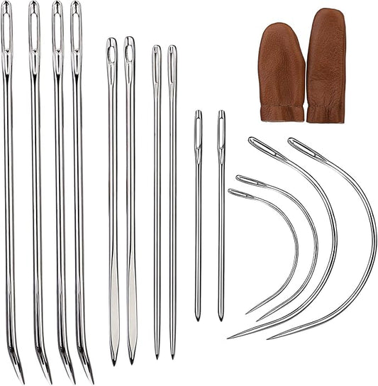 16 Pcs Heavy Duty Sewing Kit - Curved, Sack, Hand Needles, Finger Cots for Leather, Upholstery, Carpet & Canvas Repair
