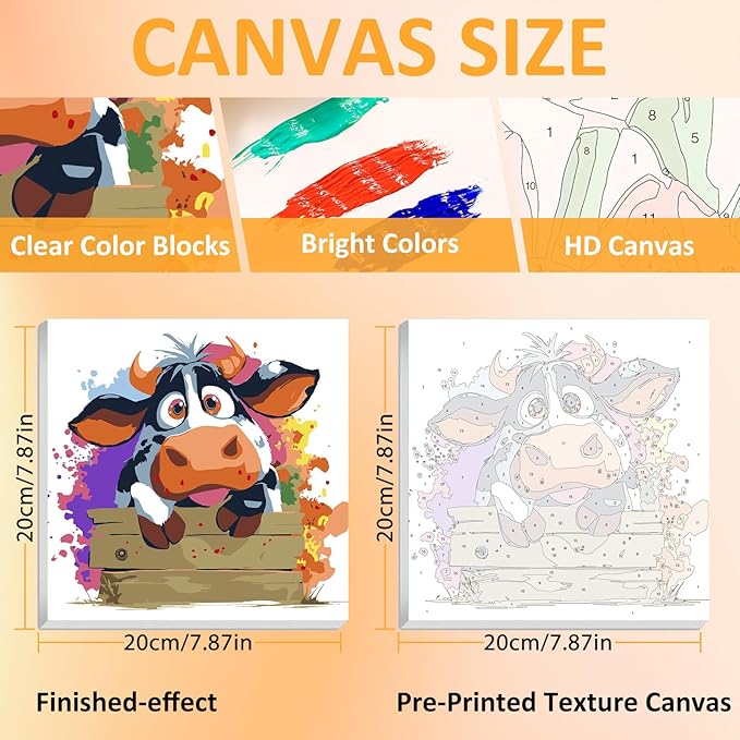 Paint by Numbers Kit for Kids with Frame, Cow Paint by Numbers for Kids Ages 4-8-12, DIY Cow Acrylic Oil Painting for Home Wall Art Decor Gift 7.8x7.8 inch (with Frame Easel)