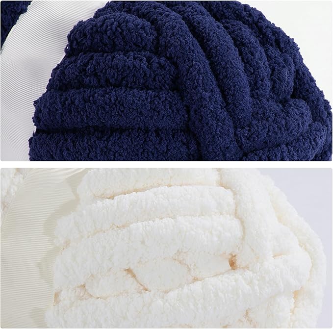 MABOZOO Assorted Chunky Yarn for Crocheting 8 Pack,Fluffy Jumbo Chenille Yarn,Soft Plush Yarn Bulky,Giant Thick Fuzzy Yarn for Hand or Arm Knitting,Cream & Navy Blue(31.7 yds,8 oz Each Skein)