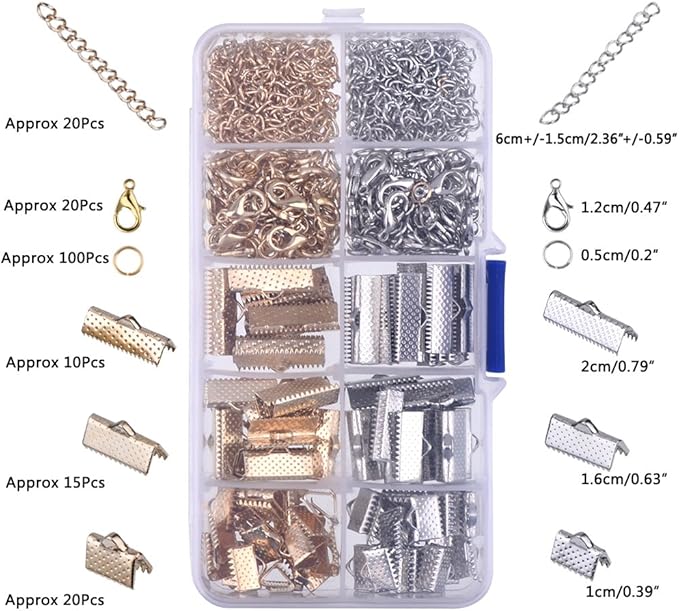 370 Pieces Ribbon Bracelet Kit for Jewelry Bookmark Pinch Crimp Ends Lobster Clasps with Jump Rings and Chain Extenders for Jewelry Craft Supplies DIY Choker Anklets
