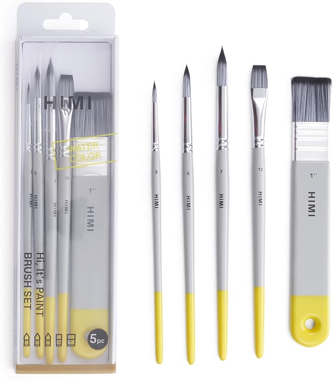 HIMI Watercolor Paint Brush Set, 5 Pcs – 1 Flat, 3 Round, 1 Wide Flat – Professional & Beginner Artist Paint Brushes for Watercolor, Unique Design Gift for Art Lovers